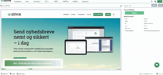 Pop-up add-on i Ubivox: preview af pop-up på et website