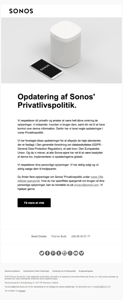 Samtykke-e-mail fra Sonos