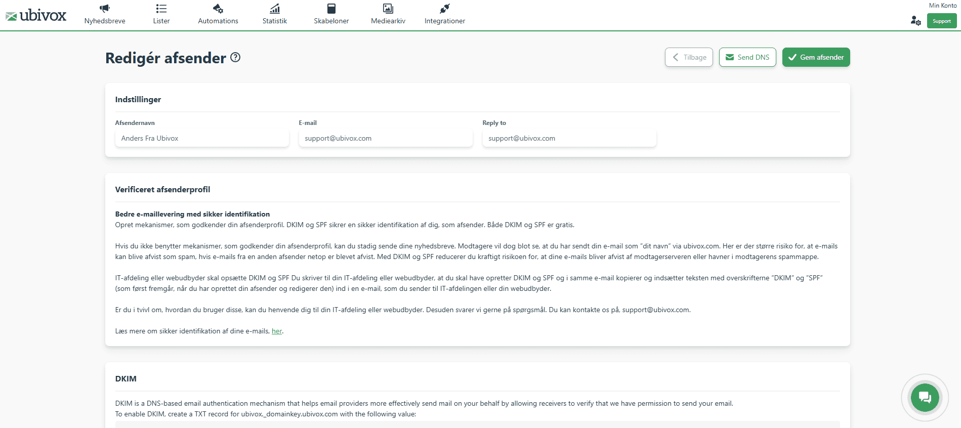 Redigering af afsender i Ubivox