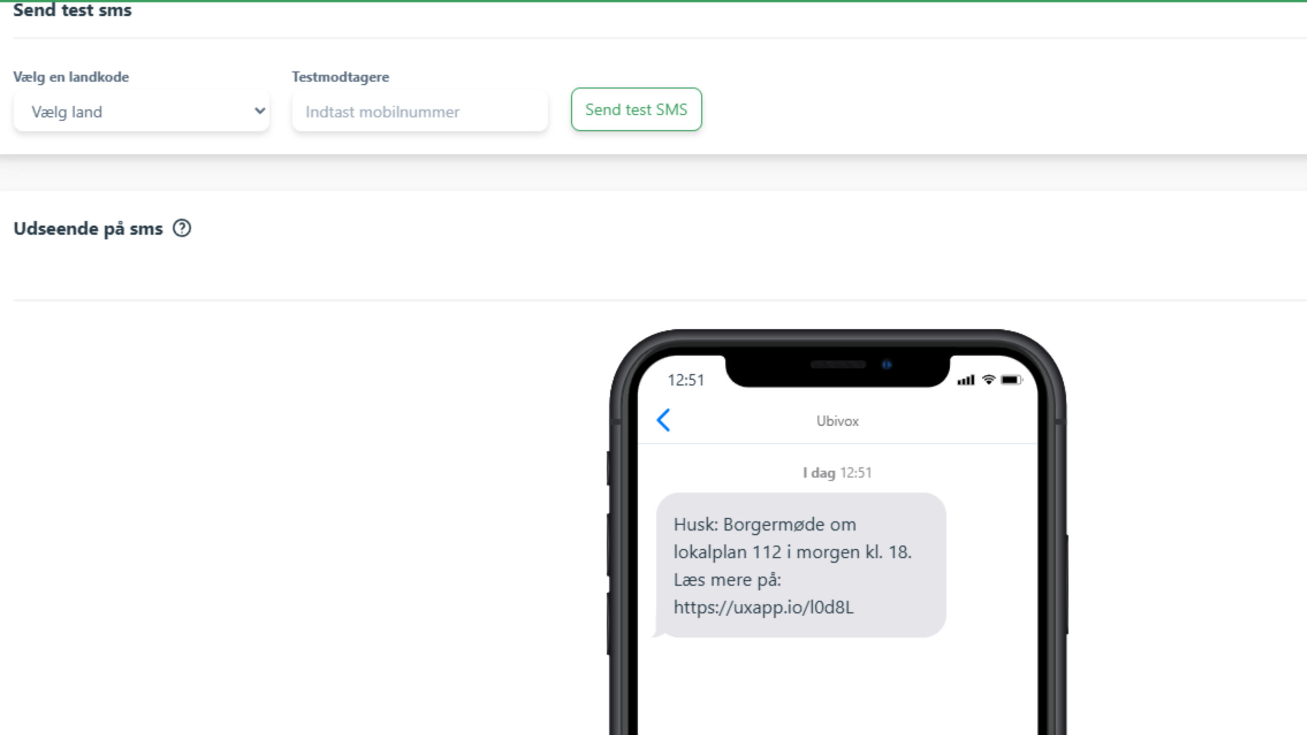 Ubivox SMS screenshot med borgermøde Ubivox SMS screenshot med borgermøde